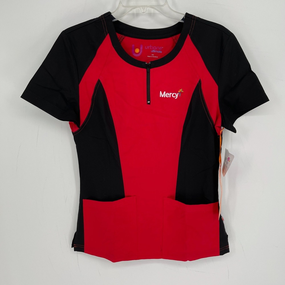 Urbane NWT Women's Red Black Colorblock Stretch Quarter Zip Scrub Top Size S